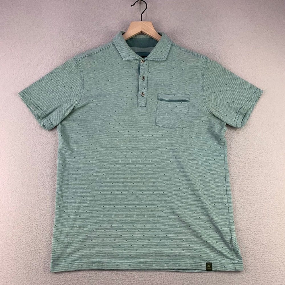 Prana Polo Shirt Mens Medium‎ Green Organic Cotton Striped Pocket Short Sleeve